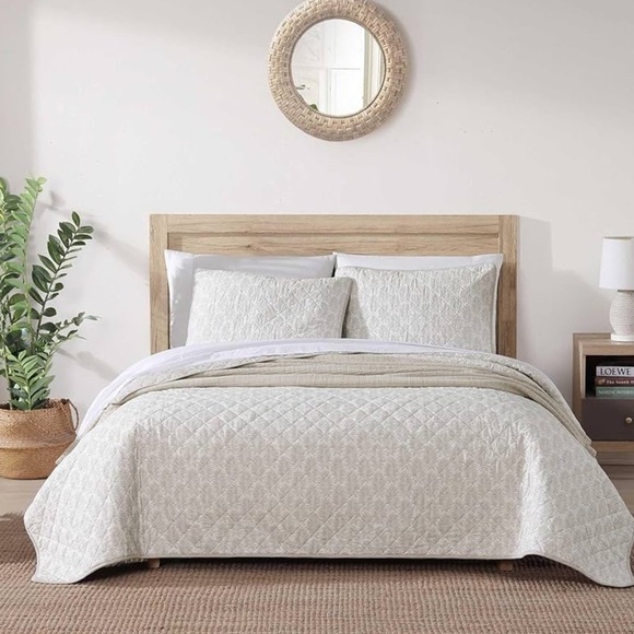 Tommy Bahama Queen Quilt Set, Reversible Cotton Set Shams,Frond Leaf Khaki,Queen - Picture 1 of 12